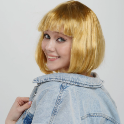 Mey İthalat® Altın Renk Düz Kesim Küt Parti Peruğu Kısa Takma Saç