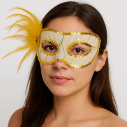 Mey İthalat® Altın Renk Yandan Tüylü Pul Payet İşlemeli Parti Maskesi 23x12 cm