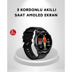 Mey İthalat® AMOLED Ekranlı Akıllı Saat – 3 Kordon Seçenekli, Suya Dayanıklı, Kalp Atış ve Uyku Takip Özellikli