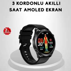 Mey İthalat® AMOLED Ekranlı Akıllı Saat – 3 Kordon Seçenekli, Suya Dayanıklı, Kalp Atış ve Uyku Takip Özellikli