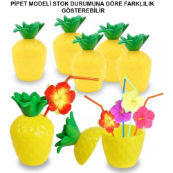 Mey İthalat® Ananas Hawaii Luau Aloha Pipetli İçecek Kabı Bardak 10x13 cm 1 Adet