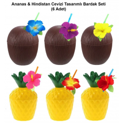 Mey İthalat® Ananas & Hindistan Cevizi Tasarımlı Pipetli Bardak Seti (6 Adet)