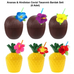 Mey İthalat® Ananas&Hindistan Cevizi Tasarımlı Pipetli Bardak Seti (6 Adet)