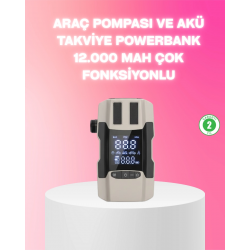 Mey İthalat® Araç Hava Pompası ve Akü Takviye Powerbank 12.000 mAh Çok Fonksiyonlu