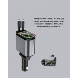 Mey İthalat® Araç Şarj Cihazı 4 Portlu 66W Hızlı Şarjlı LED Işıklı ve 180° Dönebilir