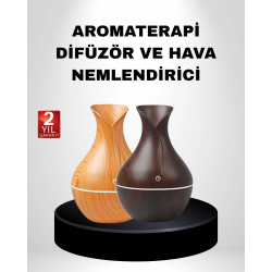 Mey İthalat® Aromaterapi Difüzör Ahşap Desenli ve Ultrasonik Nemlendirici LED Işıklı
