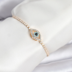 Mey İthalat® Göz Model Zirkon Taşlı Gold Renk Asansörlü Su Yolu Bileklik