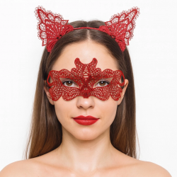 Mey İthalat® Ateş Kırmızısı Dantel Taç ve Maske Seti 10 No - Maskeli Balo & Özel Gün Seti