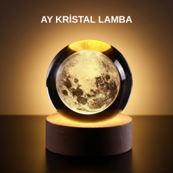 Mey İthalat® Ay Figürlü 3D Kristal Küre LED Gece Lambası Ahşap Standlı Dekoratif Lamba