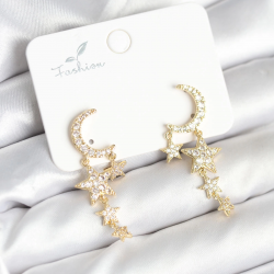 Mey İthalat® Ay ve Yıldız Model Gold Renk Pirinç Kadın Küpe