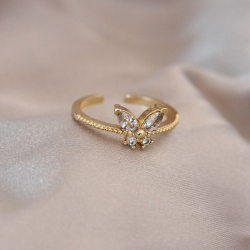 Mey İthalat® Ayarlamalı Altın Renk Metal Zirkon Taş ve Kristal Taşlı Kelebek Model Yüzük