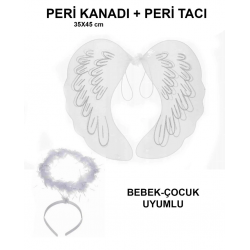 Mey İthalat® Beyaz Dantel Tüllü Peri Kanadı ve Peri Tacı Seti 45x40 cm
