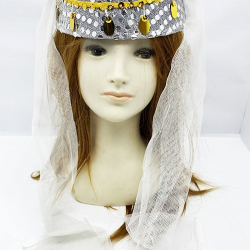 Mey İthalat® Beyaz Duvaklı Altın Pul İşlemeli Kına Fesi Kına Şapkası Oryantal Şapkası