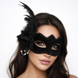 Mey İthalat® Beyaz İnci Detaylı Siyah Süet Venedik Kadın Maskesi Tüylü Güllü