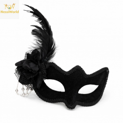 Mey İthalat® Beyaz İnci Detaylı Siyah Süet Venedik Kadın Maskesi Tüylü Güllü