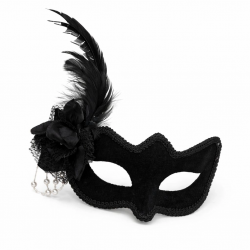 Mey İthalat® Beyaz İnci Detaylı Siyah Süet Venedik Kadın Maskesi Tüylü Güllü
