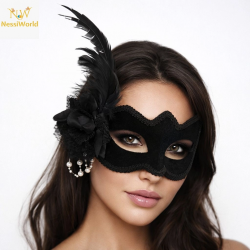 Mey İthalat® Beyaz İnci Detaylı Siyah Süet Venedik Kadın Maskesi Tüylü Güllü
