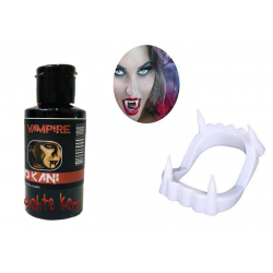 Mey İthalat® Beyaz Renk Çift Damak Takma Vampir Dişi ve 50 gr Tiyatro Kanı
