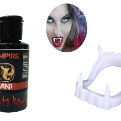 Mey İthalat® Beyaz Renk Çift Damak Takma Vampir Dişi ve 50 gr Tiyatro Kanı
