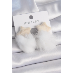 Mey İthalat® Beyaz Renk Tüylü Yıldız Ponpon Model Kadın Küpe