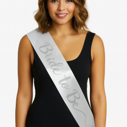 Mey İthalat® Beyaz Saten Üzerine El Yazısı İtalik Gümüş Bride To Be Kuşağı 10 cm Genişlik