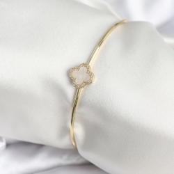 Mey İthalat® Beyaz Sedefli Yonca Model Gold Renk Kadın Bileklik