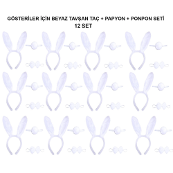 Mey İthalat® Beyaz Tavşan Kostüm Seti – Taç, Papyon, Kuyruk (12’li Paket)