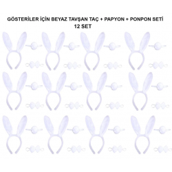 Mey İthalat® Beyaz Tavşan Kostüm Seti – Taç, Papyon, Kuyruk (12’li Paket)
