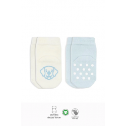 Mey İthalat®   2'Li Hayvan Figürlü Kaymaz Soket Çorap 10104 Mavi Ekru