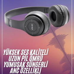 Mey İthalat® Bluetooth Kablosuz Kulaklık Siyah Wireless 5.0 Kulak Üstü Uzun Pil Ömrü