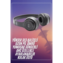 Mey İthalat® Bluetooth Kablosuz Kulaklık Siyah Wireless 5.0 Kulak Üstü Uzun Pil Ömrü