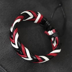 Mey İthalat® Bordo Beyaz Siyah Örgü Deri Erkek Bileklik