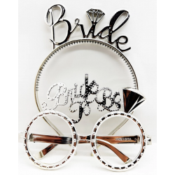 Mey İthalat® Bride Yazılı Taç ve Bride To Be Yazılı Gözlük Seti Gümüş Renk