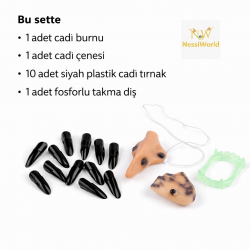 Mey İthalat® Cadı Aksesuar Seti – Burun, Çene, Fosforlu Diş ve 10 Adet Siyah Tırnak