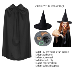 Mey İthalat® Cadı Kostüm Seti 6 Parça - Şapka Pelerin Diş Tırnaklar Çene ve Burun