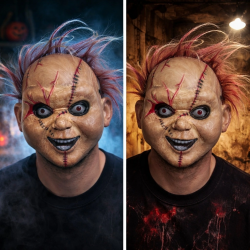 Mey İthalat® Çaki Korku Bebek Maskesi – Saçlı Plastik Yüz Maskesi