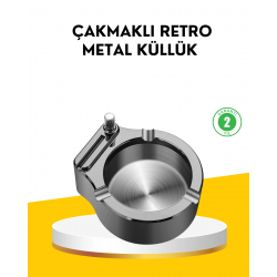 Mey İthalat® Çakmaklı Küllük Paslanmaz Metal Yuvarlak Tasarım