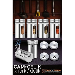 Mey İthalat® Cam+Çelik Tuzluk Biberlik Karabiberlik 3 Farklı Delikli 5 li SET