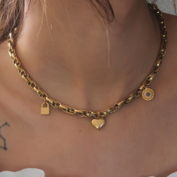 Mey İthalat® Çelik Gold Renk Kalın Zincir Model Kalp Figür Kadın Kolye