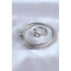 Mey İthalat® Çelik Gümüş Renk Burgu Model Erkek Bileklik Yüzük Seti