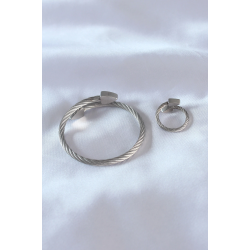 Mey İthalat® Çelik Gümüş Renk Burgu Model Erkek Bileklik Yüzük Seti