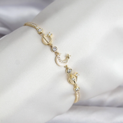 Mey İthalat® Charmlı Model Zirkon Taşlı Gold Renk Su Yolu Kadın Bileklik