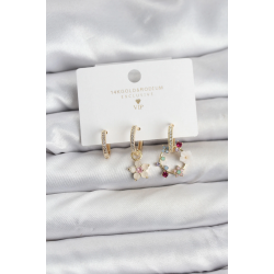 Mey İthalat® Çiçek Model Gold Renk Pirinç 3'lü Kadın Küpe Seti