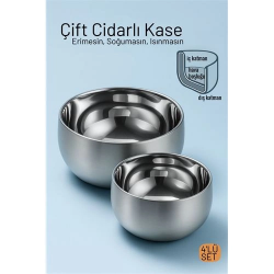 Mey İthalat® Çift Cidarlı Isı Yalıtımlı 4'lü Lüks Kase Seti (16cm & 18cm) Premium 304 Paslanmaz Çelik