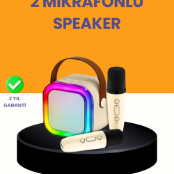 Mey İthalat® Çift Mikrofonlu Kompakt Karaoke Hoparlör – Uzun Pil Ömrü