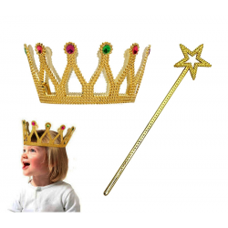 Mey İthalat® Çocuk Boy Kraliçe Prenses Tacı ve Yıldız Peri Asası Altın Renk