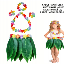 Mey İthalat® Çocuk Hawaii Kostüm Seti - Yaprak Etek & Hawaii Set - 5 Parça