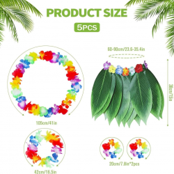 Mey İthalat® Çocuk Hawaii Kostüm Seti - Yaprak Etek & Hawaii Set - 5 Parça
