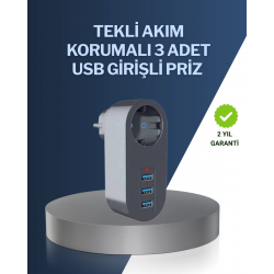 Mey İthalat® Çocuk Korumalı Termal Priz – 3'lü USB Şarj ve Akım Koruması