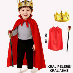 Mey İthalat® Çocuk Kral Kostüm Seti – Kırmızı Pelerin, Taç ve Asa (90 cm)